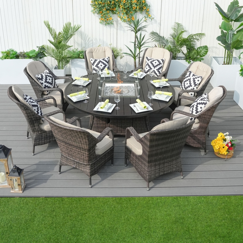 Outdoor Dining Set with Fire Pit, Round Wicker 8-Person Seating