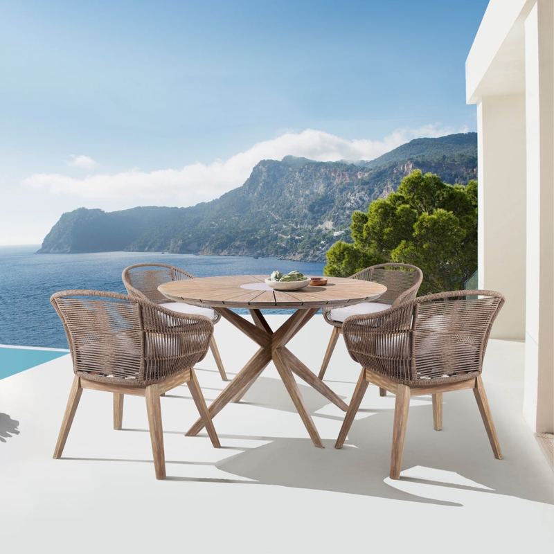 Outdoor Dining Set with Gray Rope Weaving, Barrel Back Coastal Silhouette