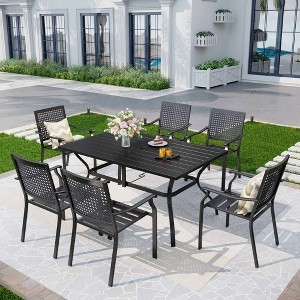 Outdoor Dining Set with Navy Blue Umbrella, Breathable Mesh Seating