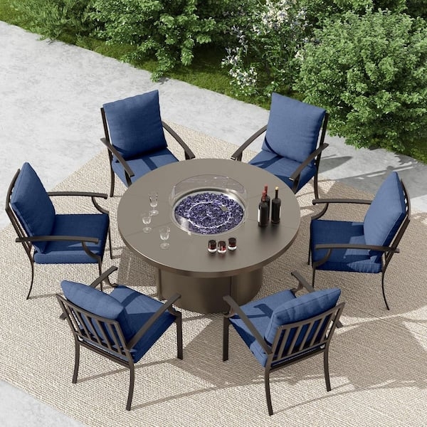 Outdoor Dining Set with Round Fire Pit Table and Metal Armchairs