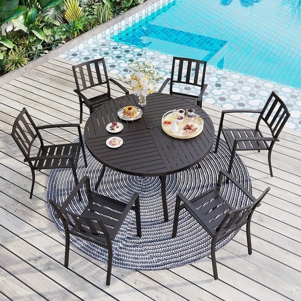 Outdoor Dining Set with Round Slatted Table, 7-Piece Set
