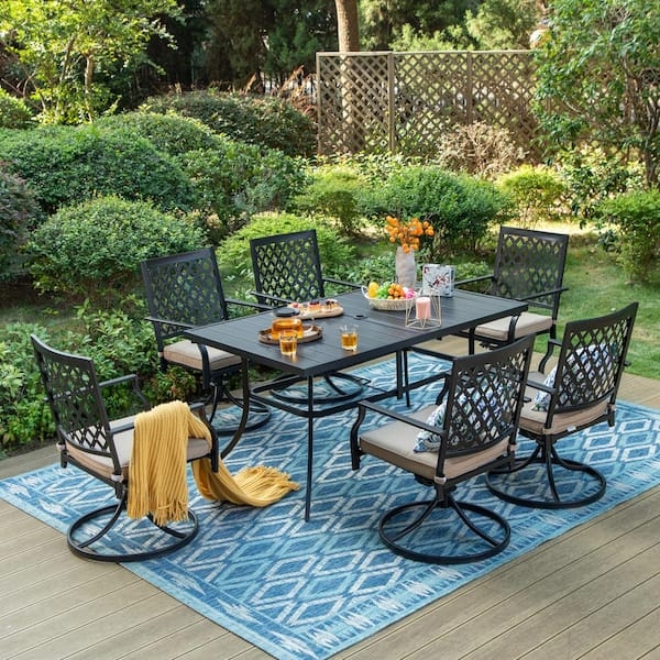 Outdoor Dining Set with Swivel Chairs, Black Metal & Beige Cushions