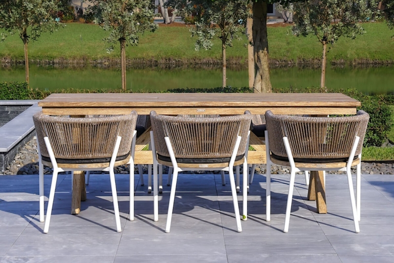 Outdoor Dining Set with White Frame, Wood Top Table & Rope Back Chairs
