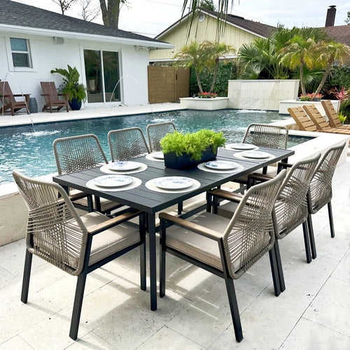 Outdoor Dining Set with Wood Look Legs, Woven Cord Backs & Slat Top