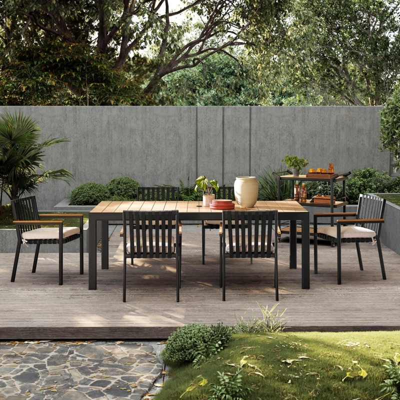 Outdoor Dining Set with Wood Slat Surfaces and Dark Metal Contrast