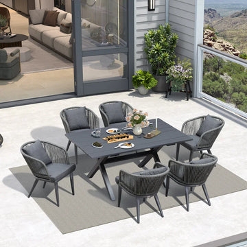 Outdoor Dining Set with Woven Wicker Chairs & Slat Top Table