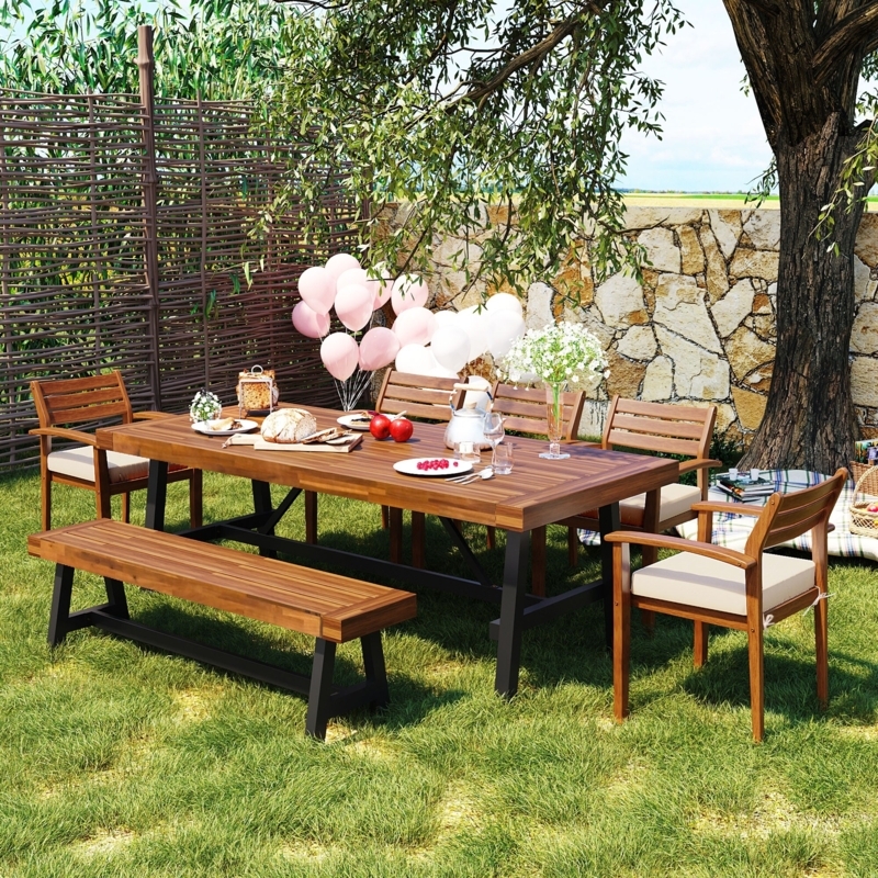 Outdoor Dining Set, Wood Slatted Table, Armchairs, Backless Bench