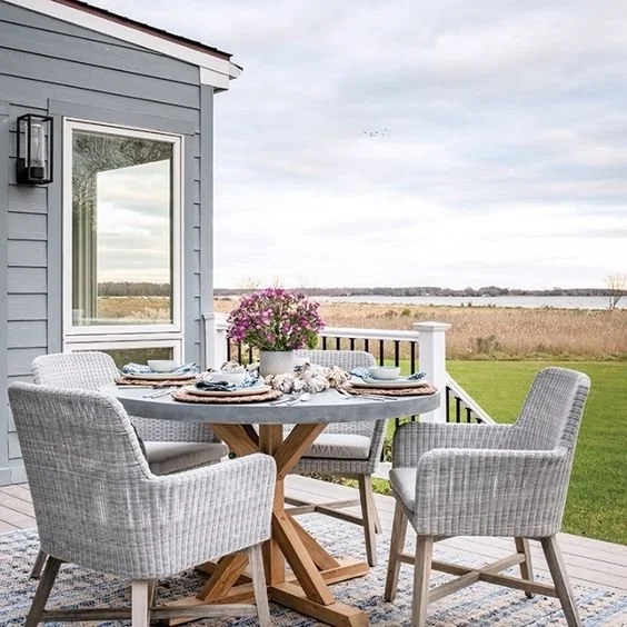 Outdoor Dining Set Woven Armchairs and Wood Toned Table, Coastal Vibe