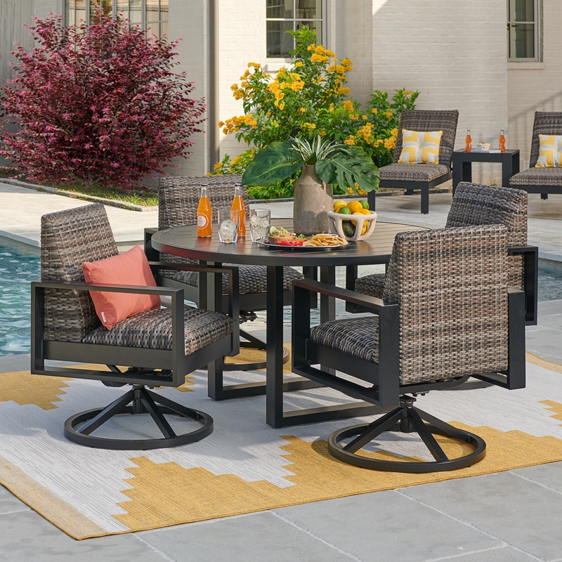 Outdoor Dining Set: Woven Swivel Chairs and Slatted Wood Top