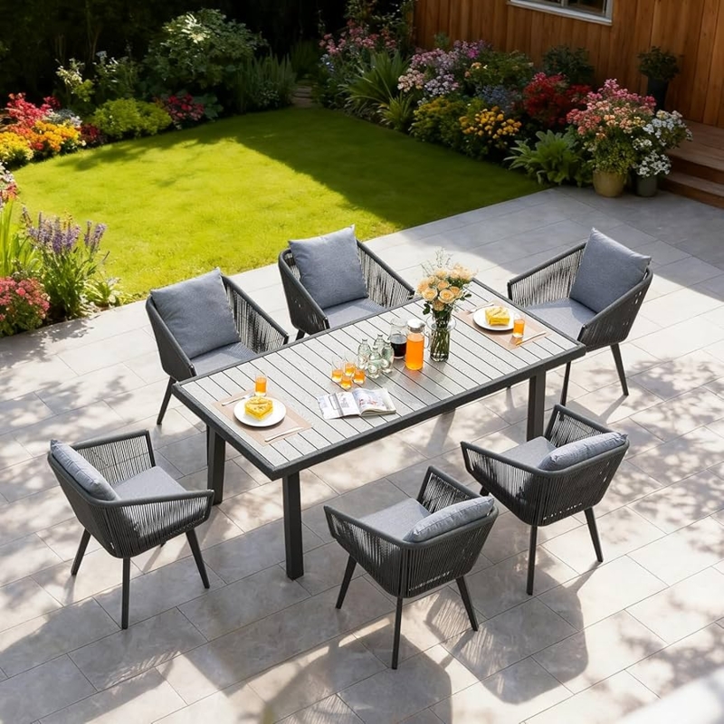 Outdoor Dining Set Woven Wicker Texture Slatted Wood Top Dark Brown