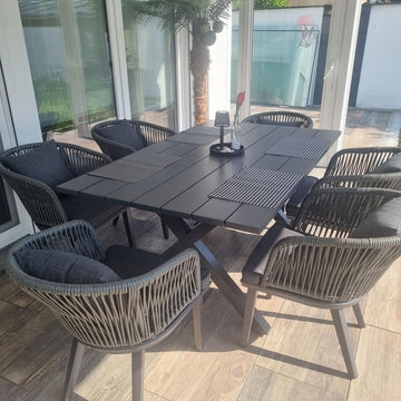 Outdoor Dining Set Woven Wicker Wood Toned Slatted Top 9 Piece Charcoal