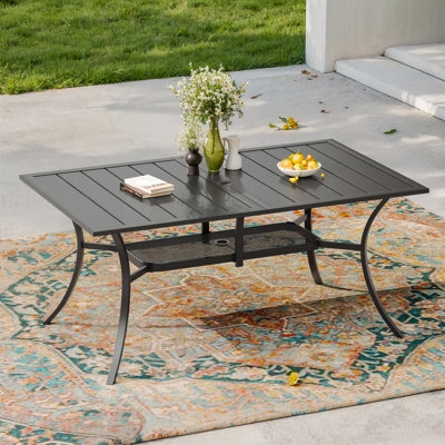 Outdoor Dining Table, Black Metal, Slatted Top, Umbrella Hole, Minimalist Patio