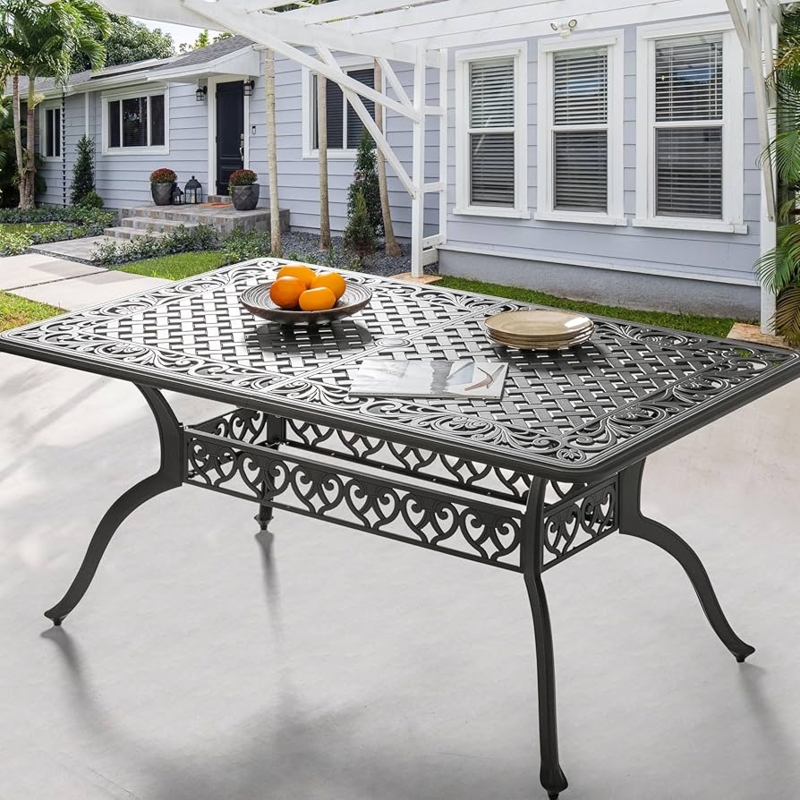 Outdoor Dining Table: Cast Aluminum Lattice Top with Scrollwork Detail