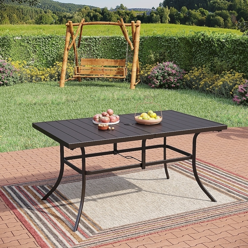 Outdoor Dining Table Matte Black Slat Top Metal With Central Umbrella Hole