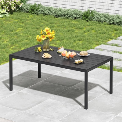 Outdoor Dining Table, Rectangular Slatted Top, Dark Metal Frame, Modern Patio Set