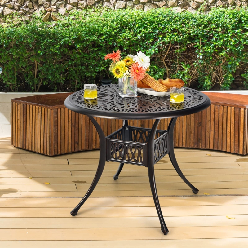 Outdoor Dining Table Round Dark Metal Wood Grain Finish