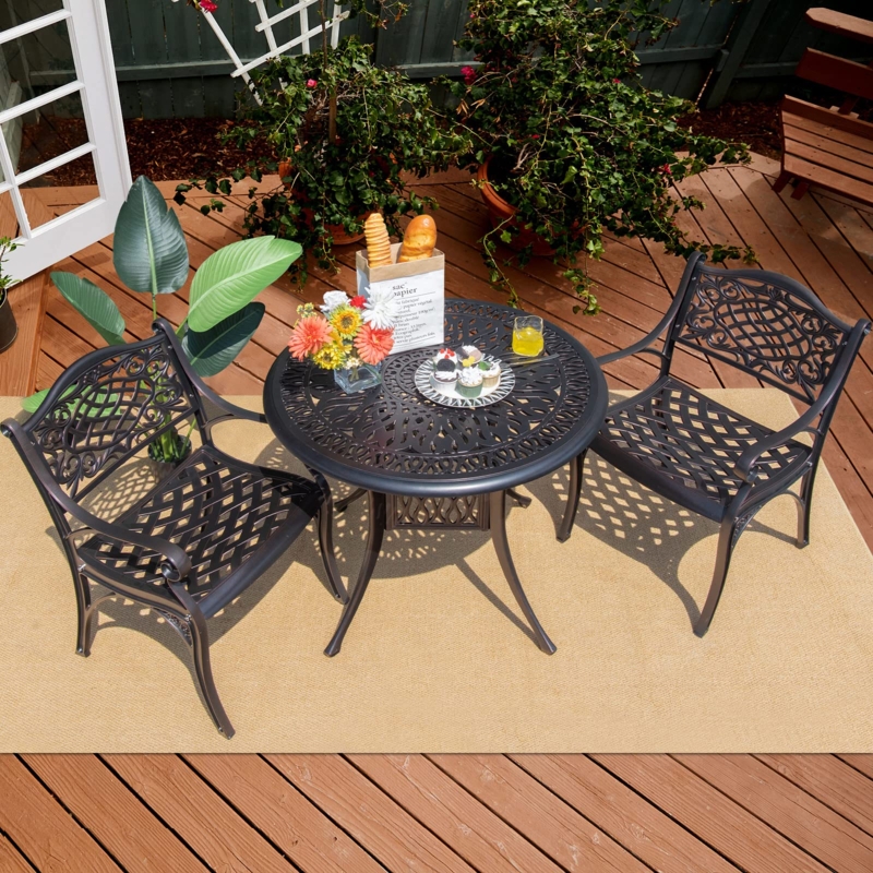 Outdoor Dining Table Round Dark Woven Frame Glass Top