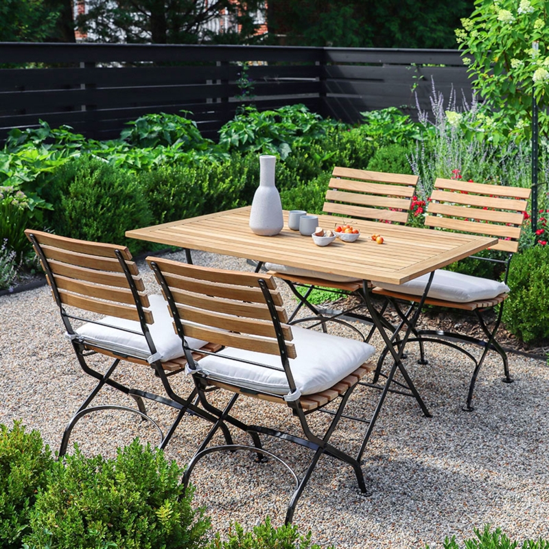 Outdoor Dining Table Set Honey Oak Wood Metal Frame Bistro Folding
