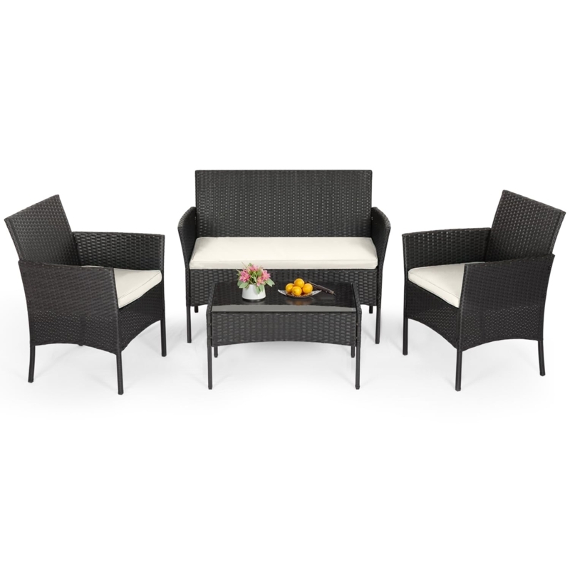 Outdoor Furniture Set: 4-Piece Woven Rattan White Cushions Loveseat