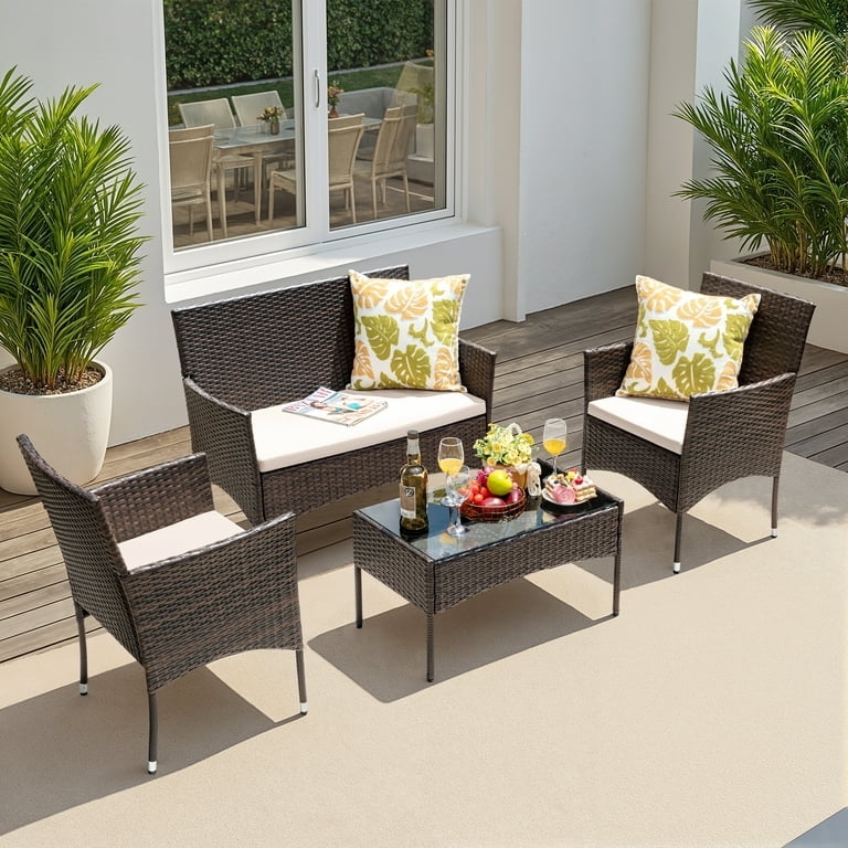 Outdoor Furniture Set Brown Rattan 4 Piece Light Cushions Balcony