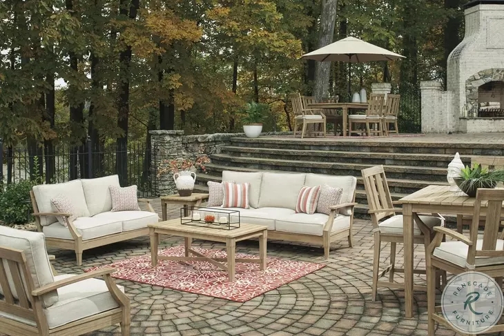 Outdoor Furniture Set Eucalyptus Wood Look Integrated Umbrella
