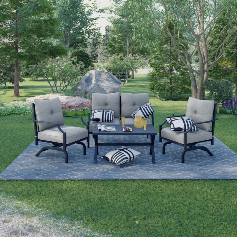 Outdoor Furniture Set Metal Frame Rocking Chairs Navy Blue Accents Gray