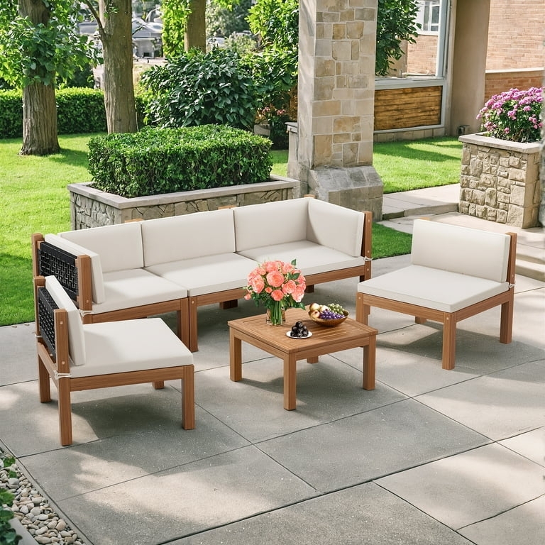 Outdoor Furniture Set Slatted Wood Frames Modular Wood Outdoor Sectional.
