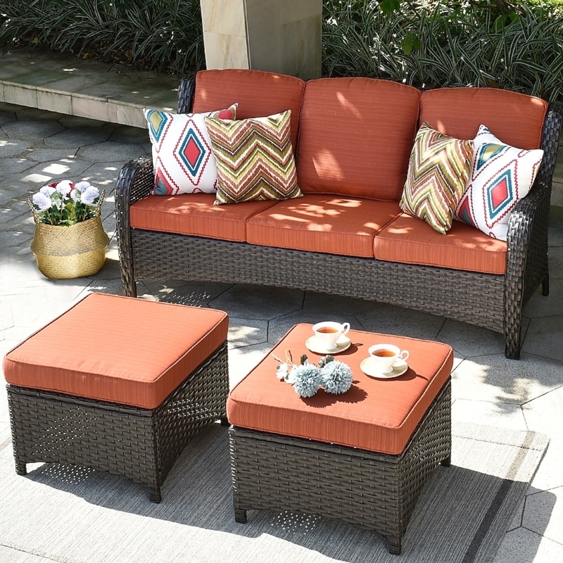 Outdoor Furniture Set, Wicker Sofa, Nesting Ottomans, Orange Cushions