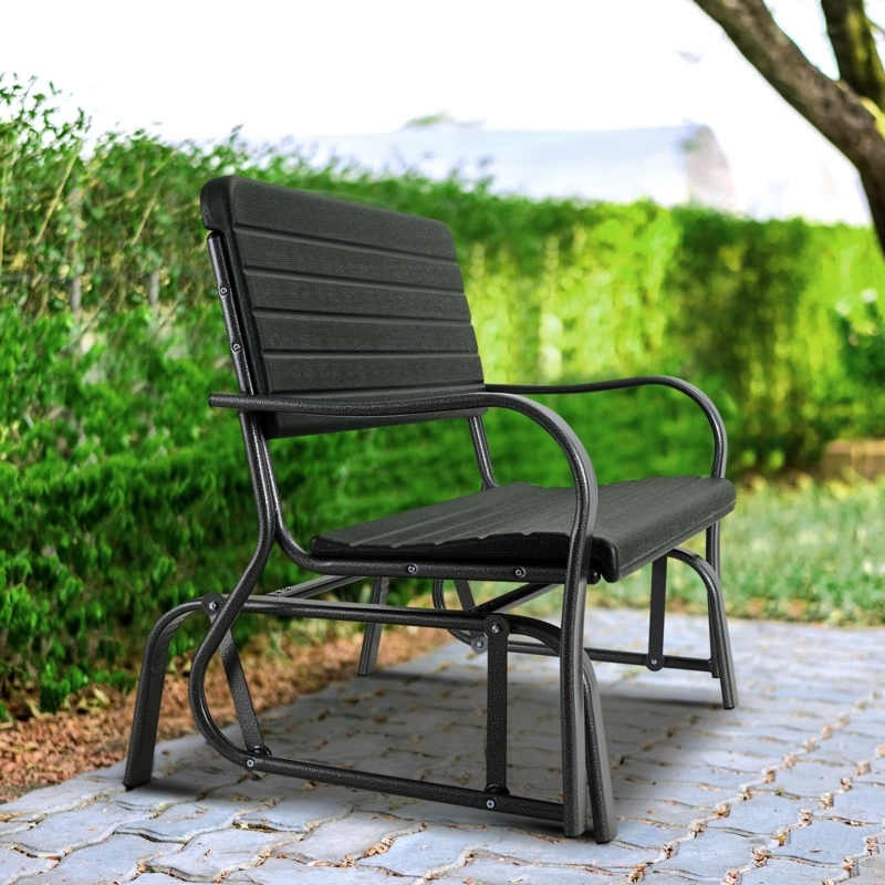 Outdoor Glider Bench featuring Black HDPE Slats and Metal Frame