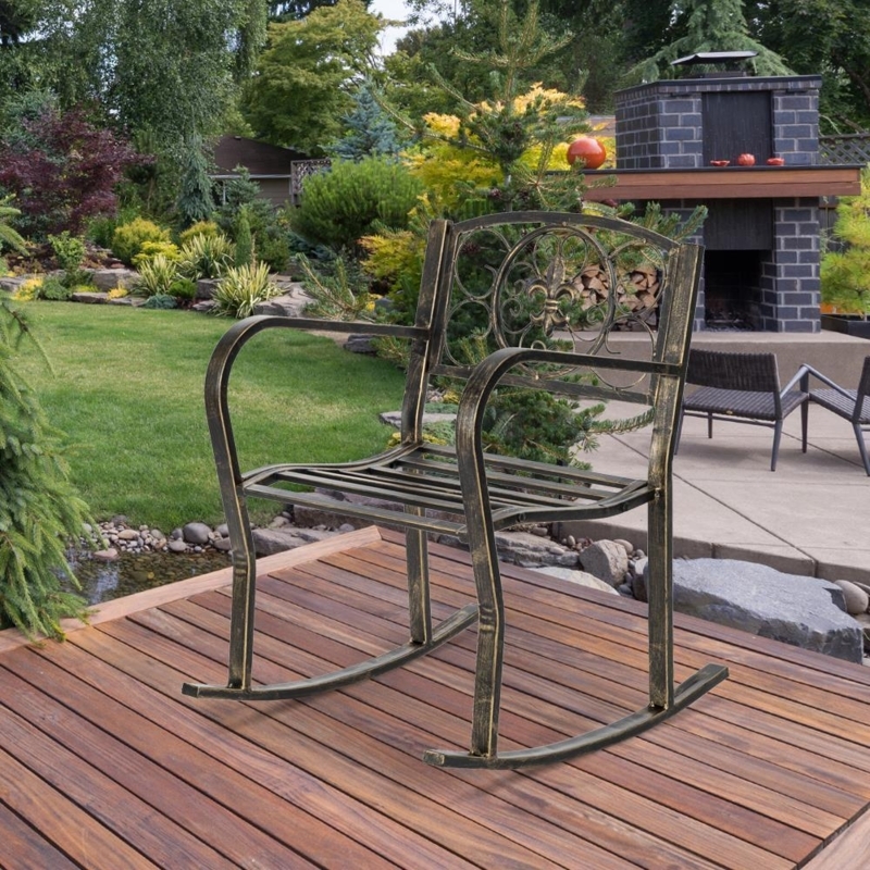 Outdoor Glider Bench in Dark Bronze Metal with Table and Umbrella Hole