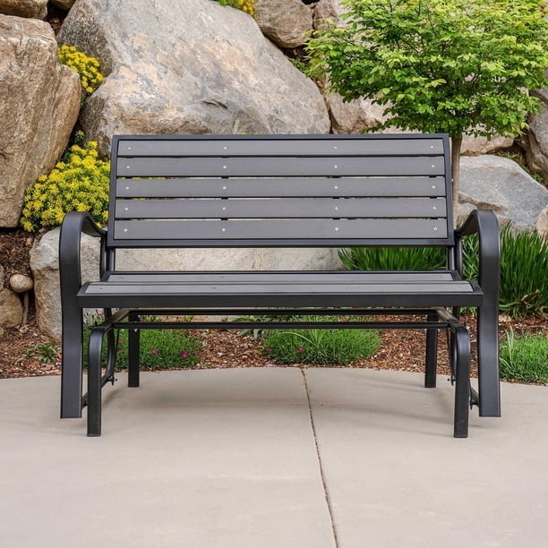 Outdoor Glider Bench Weather Resistant Slats Contoured Seat Motion Base
