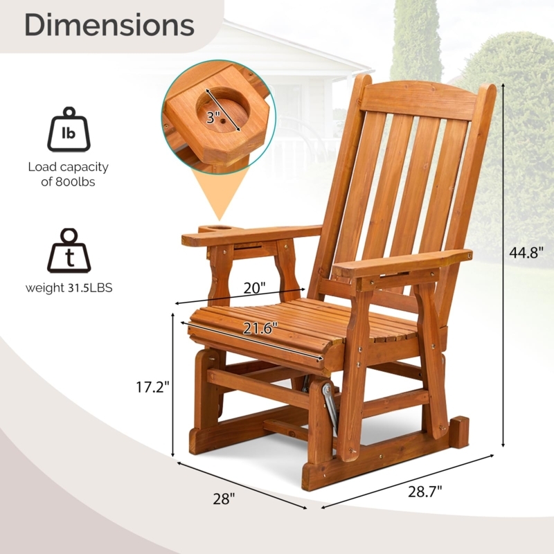 Outdoor Glider Bench Wood Toned Integrated Cup Holders Center Console