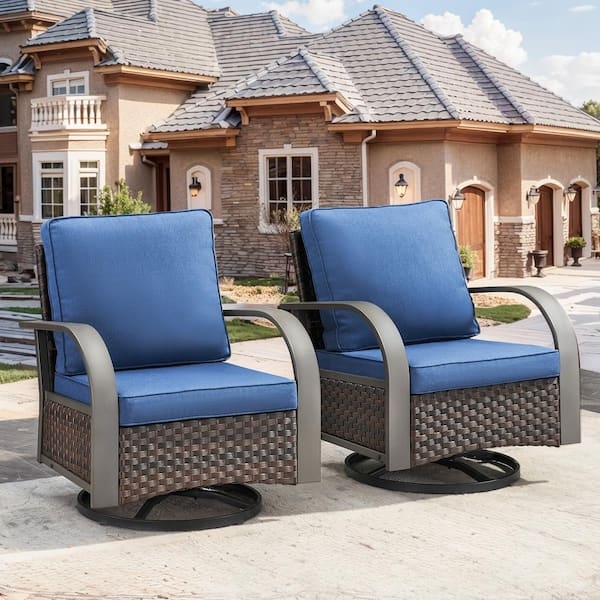Outdoor Glider Chair Pair Woven Texture Brown Wicker Light Blue Cushions