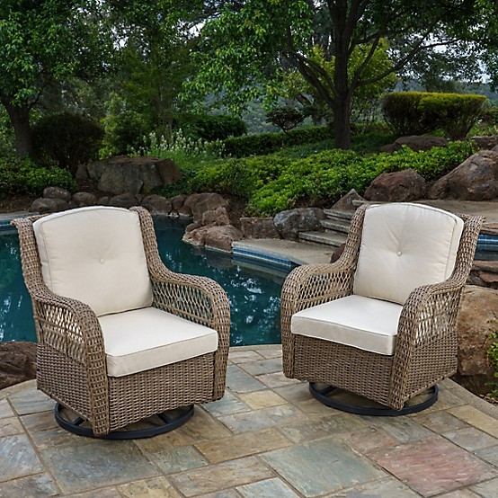 Outdoor Glider Chair: Sandstone Wicker Swivel Glider Motion with Cushions