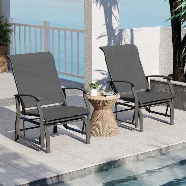 Outdoor Glider Chair Set Of Two Gliding Base Ergonomic Seat Gray Mesh