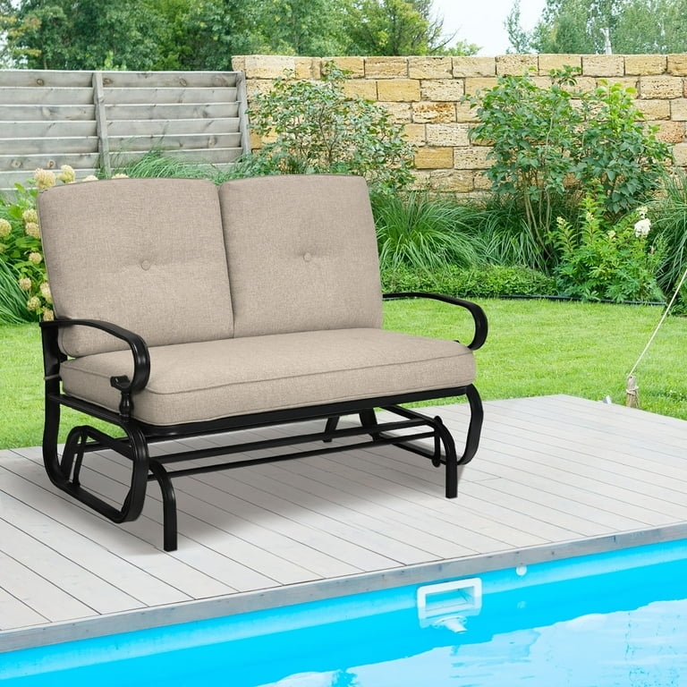 Outdoor Glider Loveseat with Beige Cushions and Dark Bronze Metal Frame