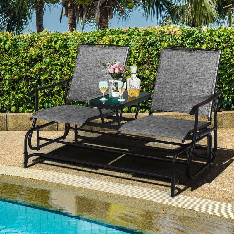 Outdoor Glider Two Person Rocking Base Center Table Gray Mesh Fabric