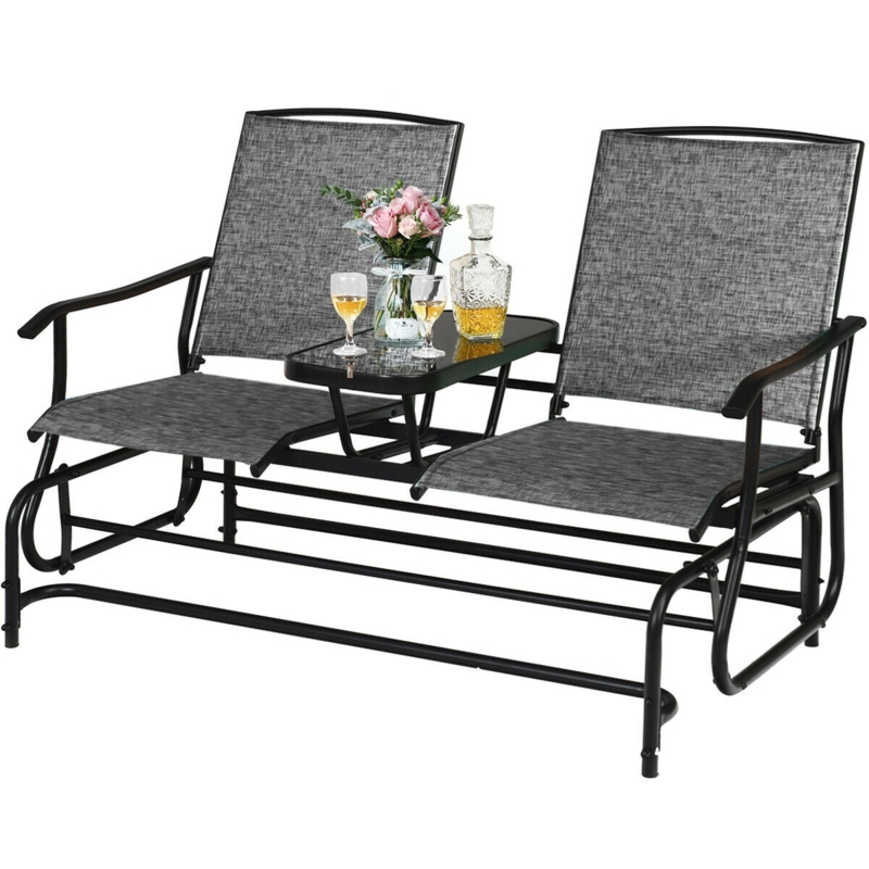Outdoor Glider Two Person Sling Seat Black Metal Frame Charcoal Gray