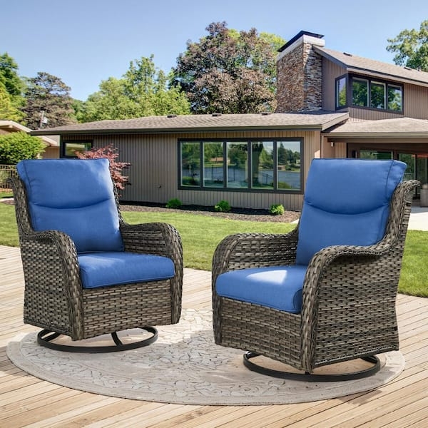 Outdoor Glider Two Seater All Weather Wicker Deep Blue Cushions