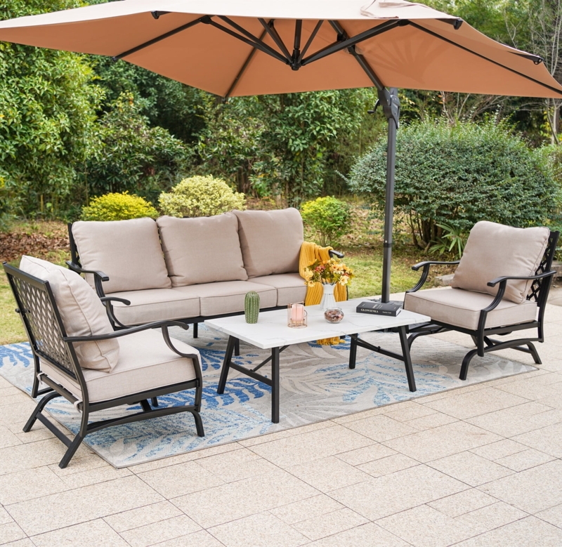 Outdoor L-Shaped Sectional with Fire Pit Table & Beige Cushions
