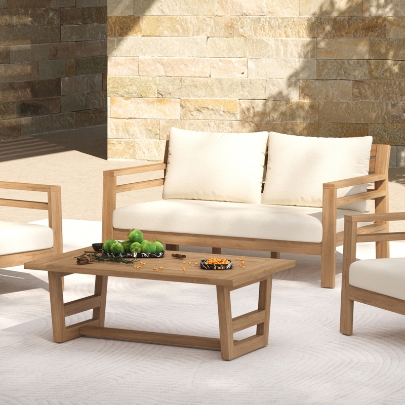 Outdoor Loveseat Set Light Teak Finish Slatted Wood Frame Coastal Style