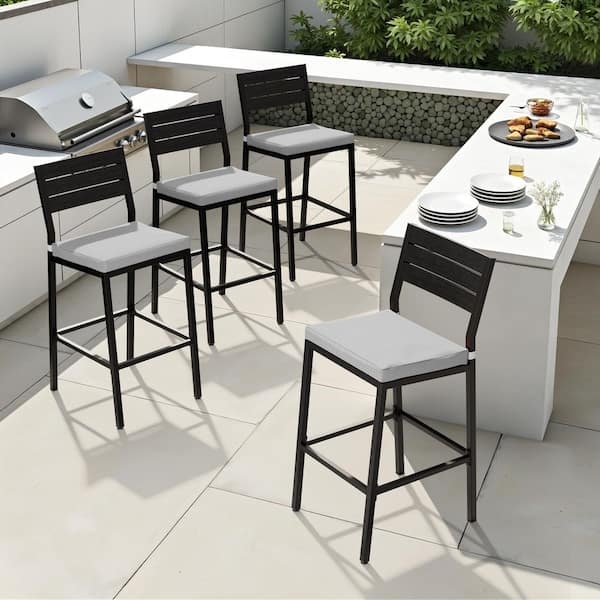 Outdoor Metal Stools with Cushions, Integrated Armrests, Tie-On Gray