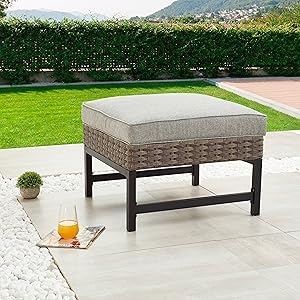 Outdoor Ottoman Black Cushion Woven Rattan Base Poolside Seating
