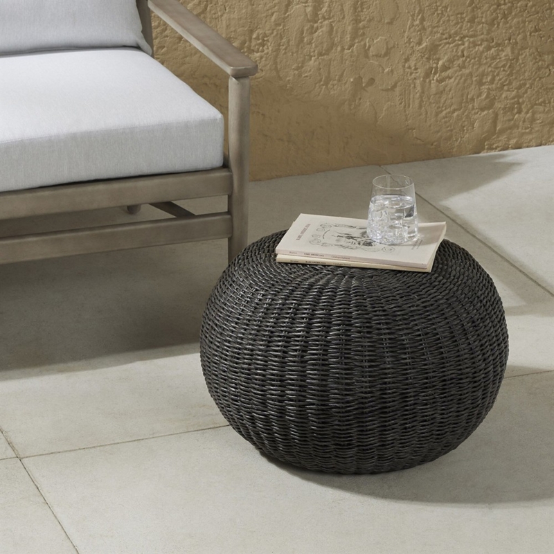 Outdoor Ottoman Black Wicker Basket Weave Cylindrical Coastal Pouf