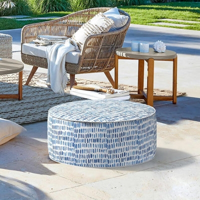 Outdoor Ottoman Blue Geometric Print Side Handle Portable Deck Seating