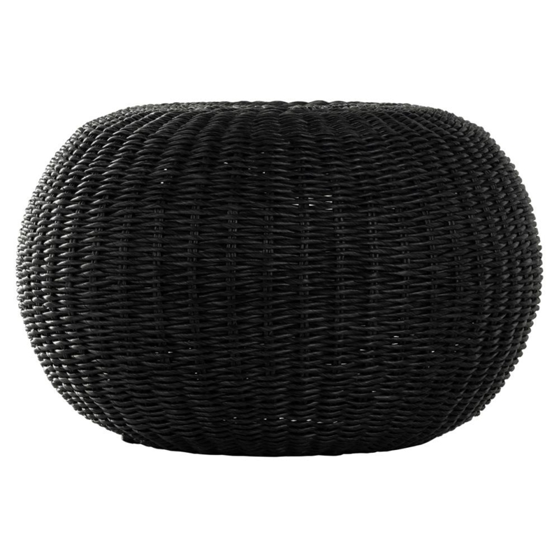 Outdoor Ottoman Cross Hatch Pattern Black Wicker Cylindrical Coastal