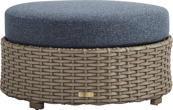 Outdoor Ottoman Driftwood Finish Woven Base Dark Gray Cushion Coastal