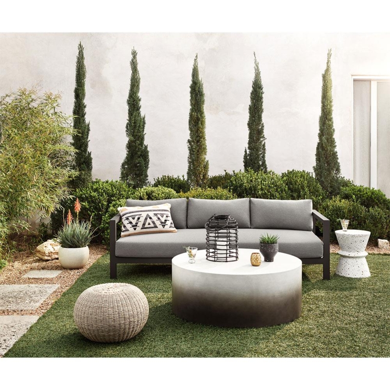 Outdoor Ottoman Drum Shaped Intricate Woven Pattern Beige Coastal Style