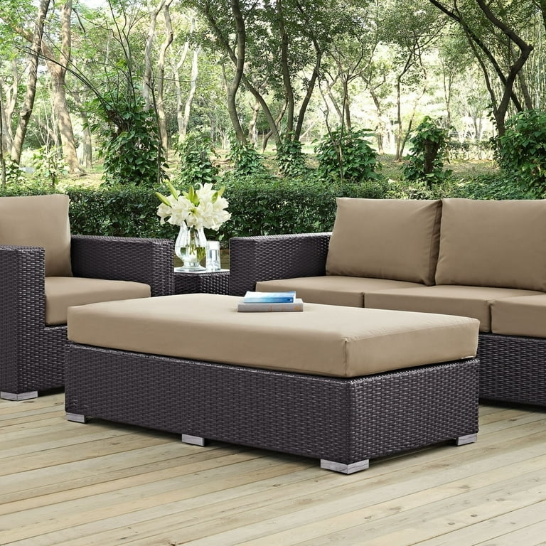 Outdoor Ottoman Espresso Rattan Base Mocha Cushion Rectangular Balcony