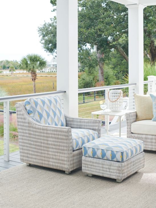 Outdoor Ottoman Fully Upholstered Mottled Blue Fabric Coastal Patio